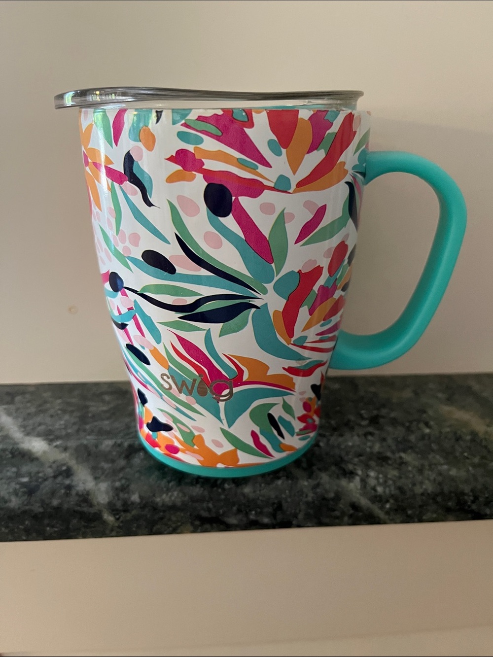 Swig Turquoise-Handled Colorful Floral Travel Mug